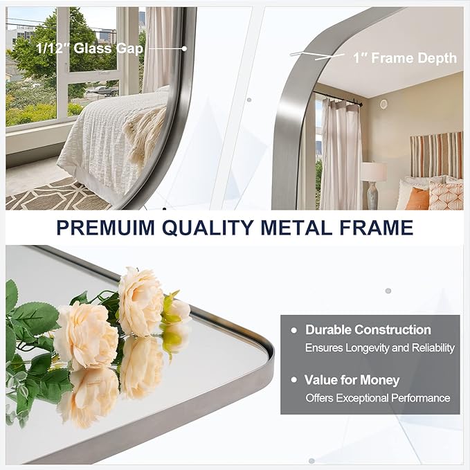 ANDY STAR Brushed Nickel Mirror, 30x48’’ Brushed Nickel Bathroom Oval Mirror with Stainless Steel Metal Frame, Silver Oblong Mirrors Wall Mounted for Bedroom, Living Room Decor