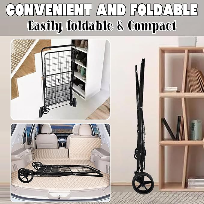 Foldable Shopping Cart with Waterproof Bag, 360° Swivel Wheels & Double Basket, 300lbs Capacity for Groceries, Heavy Duty Utility Grocery Carts for Shopping, Laundry, Camping, Luggage