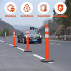 Traffic Delineator Post Cones with Heavy-Duty Octagonal Rubber Base, Channelizer Post Kit for Road Construction Work, Traffic Guidance, Garage Parking, Crowd Control (9, 42")