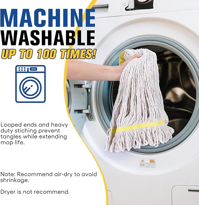 Matthew Cleaning Commercial Mop Head Replacement, 5 Inch Wide Headband, Looped End Cotton Blend String Wet Mops for Floor Cleaning, 24 oz Large, 6-Pack White