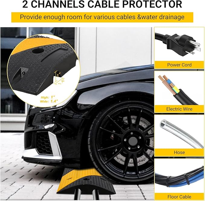 3.3 FT Heavy Duty Rubber Speed Bump 2-Pack, Driveway Cable Protector Ramp with Installation Bolts for Parking Lots, Garage & Gravel Roads