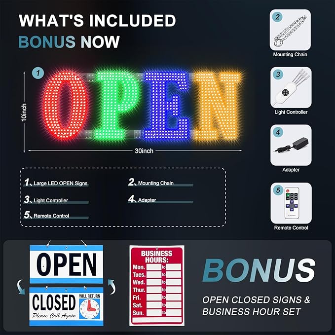 30'' x 10" LED Open Signs for Buisness, Remote Control and Adjustment Brightness & Speed - 14 Mode, Large Open Closed Sign for Bar Store Restaurant Office Hotel Salon Red&Green&Blue&Yellow