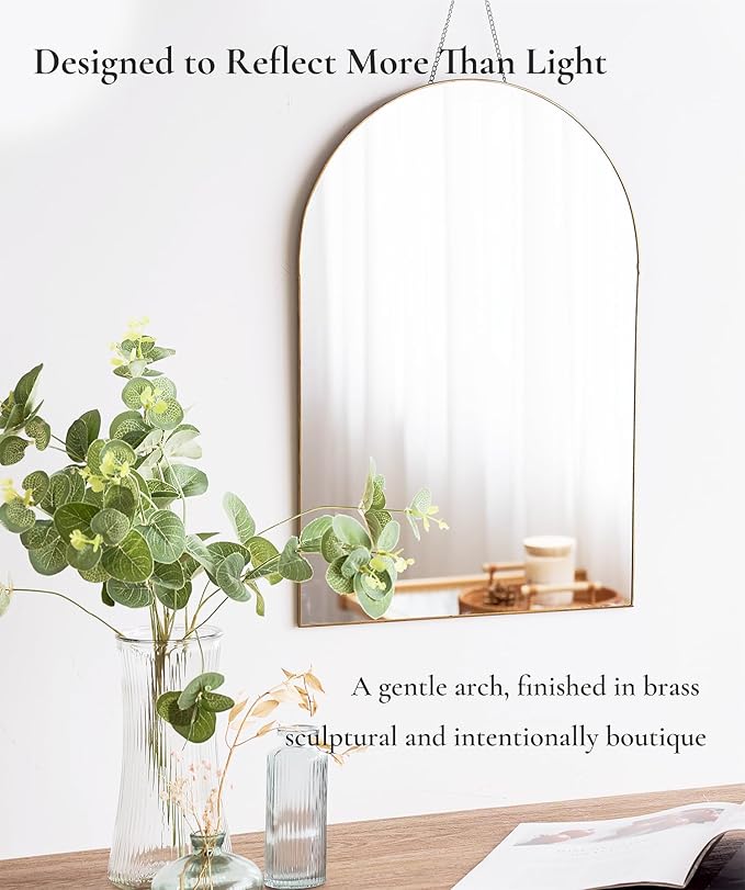 FONDAZZA Gold Arched Wall Mirror 13”x19”-Vintage Hanging Mirror with Chain, Decorative Brass Mirror for Entryway, Bathroom, Bedroom&Living Room, Small Antique Gold Wall Mirror