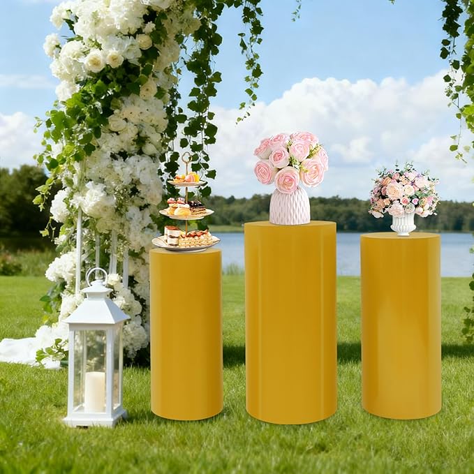 Cake Pedestal Stands for Party 3PCS Dessert Table Display Plinth Pillars Gold Round Cylinder Pedestal Stands for Wedding Sculpture Display Column Decoration Cube (3PCS-Cylinder-Gold)