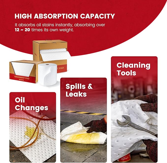 Oil Absorbent Pads Roll | 16"x20" Oil-Only Spill Mat 100-Pack | Industrial Spill Control for Oil & Fuel(16 Gal/Box) | Repels Water Absorbing Rolls