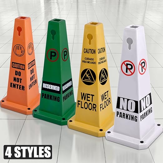 Plastic Traffic Cones, 4-Sided Message Cones, Road Safety Parking Cones, Standing Traffic Warning Signs for Cleaning Area, Garage, No Entry (4, Do Not Enter, Large)