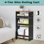 MARTY Rolling Storage Cart 7.9" W, 4-Tier Kitchen Cart with Wheels Handle, Slim Storage Cart Mobile Shelving Utility Carts for Bathroom Laundry Room Organization Narrow Places (Black)