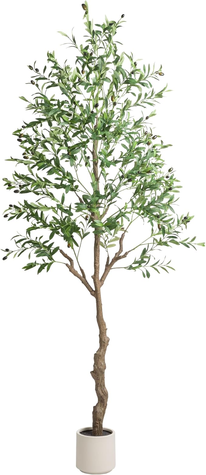 Artificial Olive Tree 7FT, Tall Faux Olive Trees with White Pot for Indoor Outdoor, Realistic Potted Plant Natural Wood Trunk, Leaves and Fruits for Home Office Decor (1, 7FT)