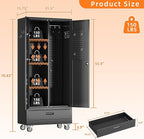 Aobabo Metal Broom Closet Storage Cabinets on Wheels,Steel Mop and Broom Cabinet with Adjustable Shelves and Drawer,Assembly Required,Black