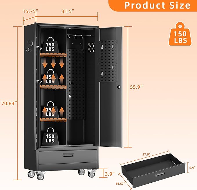 Aobabo Metal Broom Closet Storage Cabinets on Wheels,Steel Mop and Broom Cabinet with Adjustable Shelves and Drawer,Assembly Required,Black