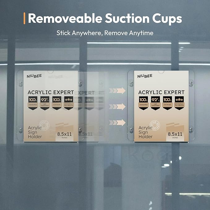 NIUBEE Acrylic Window Sign Holder with Suction Cups 8.5 X 11, Clear Acrylic Frames Glass Door Mount, Displaying Flyers, Notices and Menus, for Office, Store, Home, Restaurant (4 Pack)
