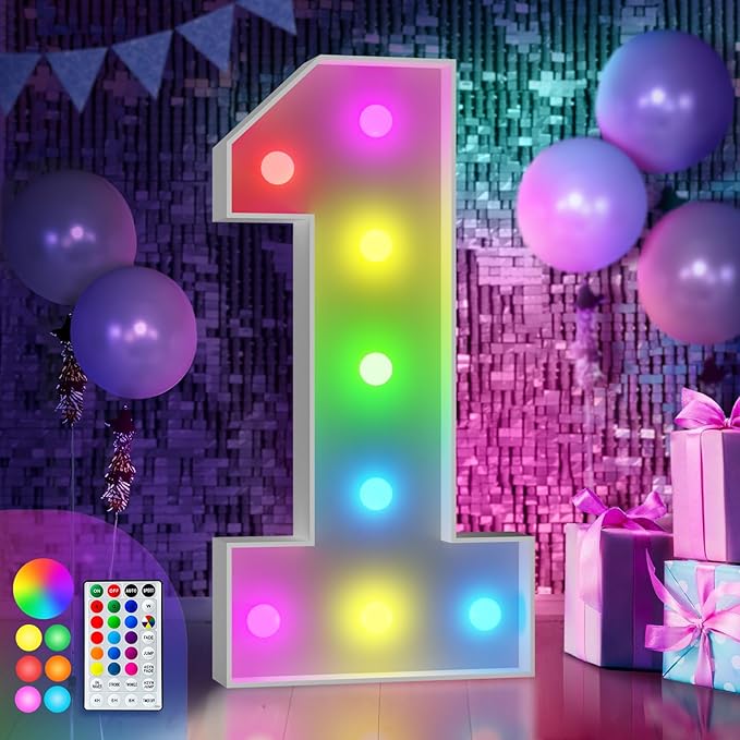 imprsv 3FT Colorful Marquee Numbers,18 Colors with Remote, Light Up Numbers 1 for 1st 10th Birthday Decorations Anniversary Party Decor, Pre-Cut Foam Board Kit, Mosaic Sign for Balloon