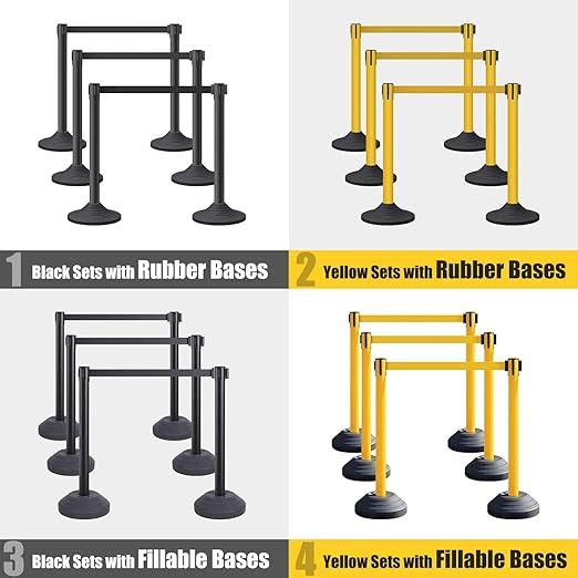 6 Pack Premium Crowd Control Stanchion Set, 40" H Delineator Post with 10' Feet Retractable Belt, Heavy-Duty Base, Safety Rope Barriers for Traffic Queue (Heavy Rubber Base, Yellow)
