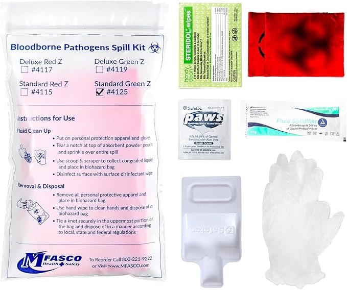 MFASCO Bloodborne Pathogens Spill Kit - Cleaning Bag, Disposable Vomit Clean Up Kit for Restaurants, Safety for Bodily Fluids, Blood, Latex Free, First Aid, Non-Chlorinated Fluid Urine Solidifier