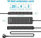 Power Strip Surge Protector Flat Plug with 20 AC Outlets 6 USB Chagring Ports, 1875W/15A, 2700J, 10 Ft Heavy Duty Extension Cord for Home, Office, Dorm, Gaming,ETL Listed (Black, 10 Feet)