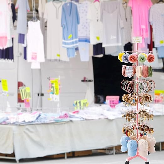 Ripeng 2 Pcs 7‑Tier Retail Display Stand – Rotating Display Rack with Wheels for Jewelry Keychains Socks Hats – Adjustable Movable Shop Spinner for Craft Shows Vendor Events & Stores Accessories, Pink