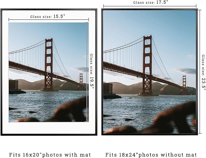 Frametory, 18x24 Metal Picture Frame with Mat for 16x20 Picture & Real Glass, Aluminum Photo Frame Collection (Black, 1 Pack)