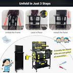 Lumizone Foldable Tool Cart with Wheels Rolling Utility Service Cart with Pegboard for Power Tool Organization Garage Organizer Storage on Wheels Heavy Duty Folding Design (Tool Cart)