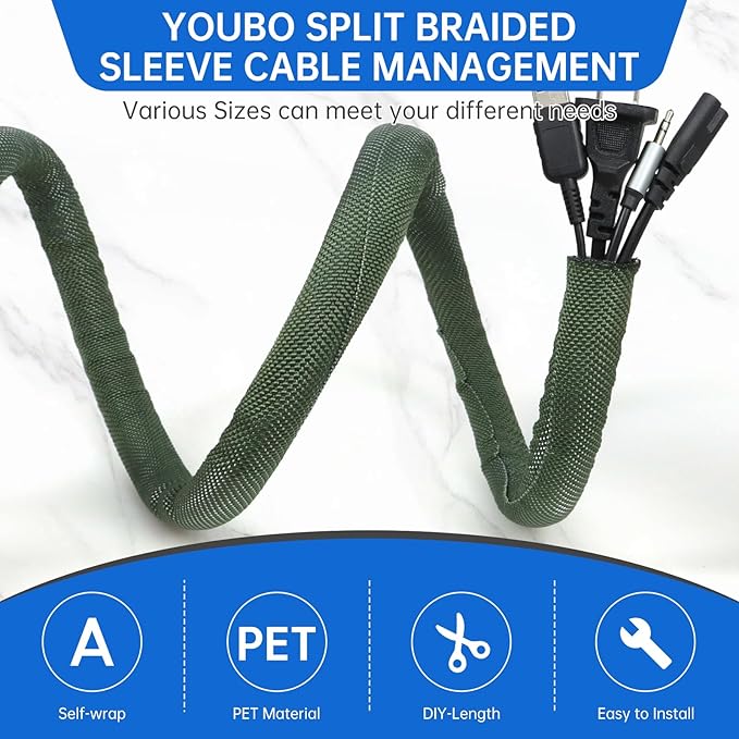 Split Braided Cable Sleeve，Flexible Wire Loom Tubing, Automotive Cord Protector Pet Proof, Cable Management for Computer TV Electric Wires Harness 16ft (Dark Green, 19mm（3/4")
