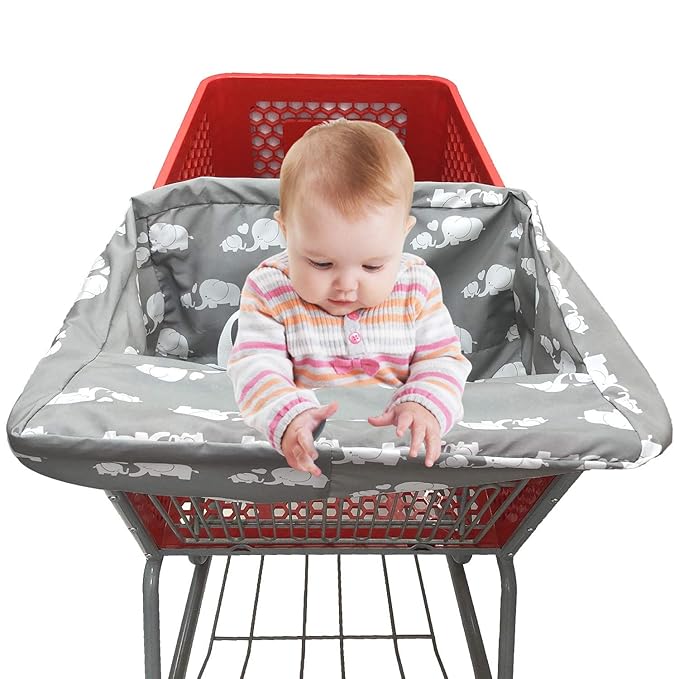 Portable Shopping Cart Cover, High Chair and Grocery Cart Covers for Babies, Kids, Infants & Toddlers, Attached Carry Bag (Simple White Elephant)