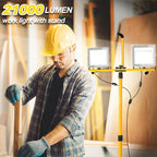 Work Lights with Stand 21000 Lumen, 2 Adjustable Heads Work Lights on Stand, with Adjustable and Foldable Tripod Light Stand for Outdoor Indoor Workshop Garage Construction Site Lighting
