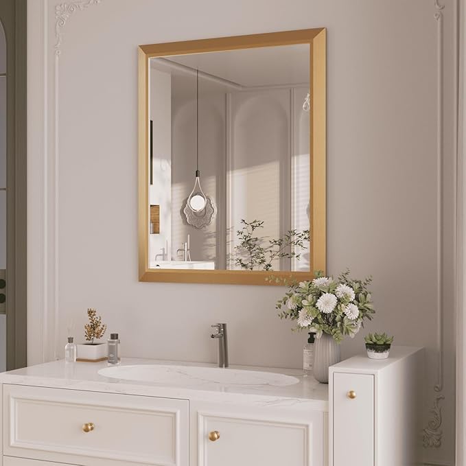 Amorho Bathroom Mirror, 28x36 Inch Golden Thick Metal Framed Wall Mirrors for Over Sink, Wall-Mounted Mirrors Perfect for Bedroom, Living Room, Entryway, Rectangle (Horizontal/Vertical).