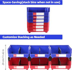 Stackable Storage Bins 6 Pack (11x11x5 Inch), Plastic Stackable Storage Organizer Bins Wall Mounted Hanging Small Parts Bin for Garage, Workbench & Office (Blue & Red)