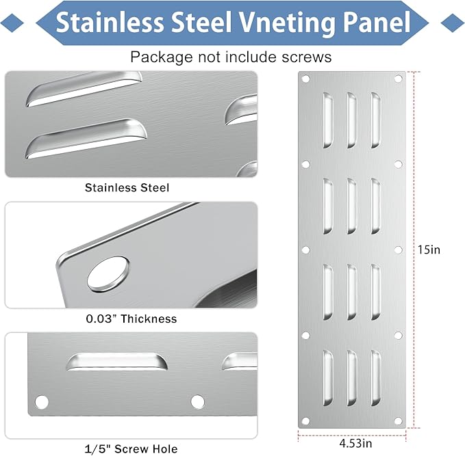 2 Pack Stainless Steel Venting Panel for Grill Accessory Stainless Steel Vent Cover Grill Vent for Masonry Fire Pits Outdoor Kitchen Vent, 15" by 4-1/2"
