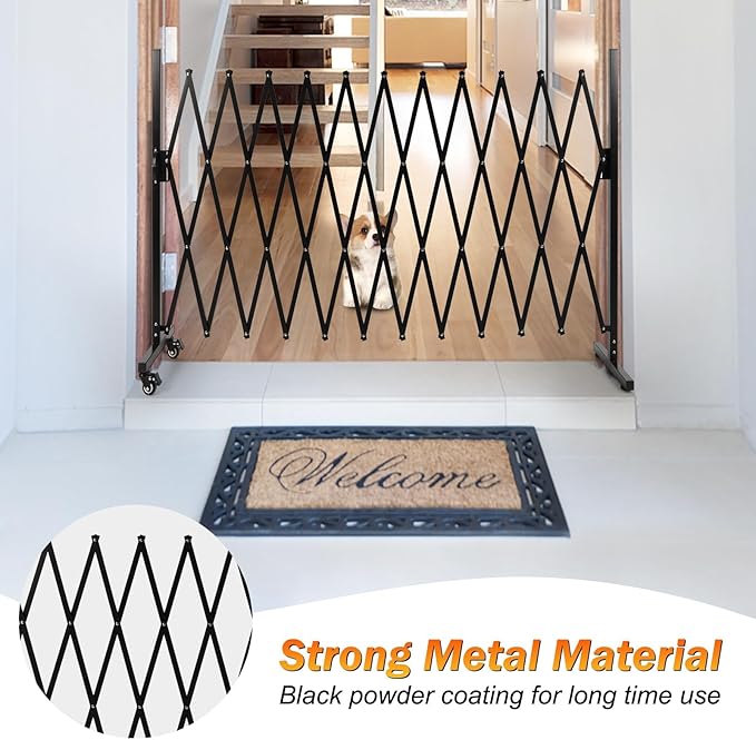 SMONTER Expandable Barricade Gate, 129" Metal Safety Barrier Gate with Casters, Accordion Garden Yard Fence Portable Dog Gates with Latch Indoor Outdoor