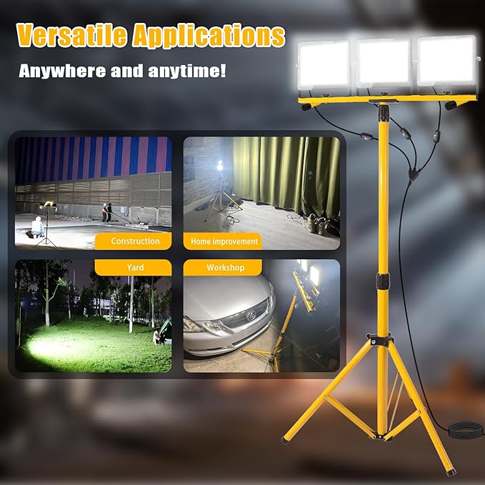 27000 Lumen LED Work Lights on Stand - 3 Head Portable Tripod Work Light- IP65 Waterproof Construction Lights with Stand for Outdoor Indoor Job Site Workshop Garage Commercial Flood Light with Stand