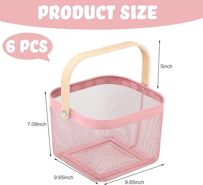Roshtia 6 Pcs Metal Mesh Steel Basket with Handle, Square Wire Harvest Thanksgiving, Shopping Baskets for Retail Store Christmas Garden Bathroom Kitchen(9.65 x 9.65 x 7.09 Inch,Pink)