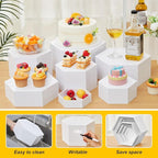 Leinuosen 7 Pcs Large Hexagonal Buffet Risers Set 6" to 12" Acrylic Display Box Catering Dessert Table Riser Food Display Decorative Stand with Hollow Bottom for Catering Supplies(White)