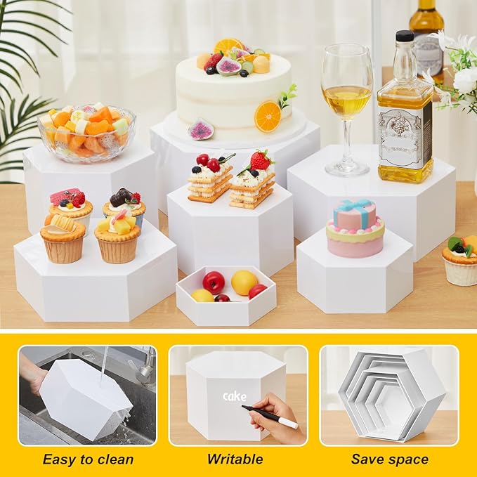 Leinuosen 7 Pcs Large Hexagonal Buffet Risers Set 6" to 12" Acrylic Display Box Catering Dessert Table Riser Food Display Decorative Stand with Hollow Bottom for Catering Supplies(White)
