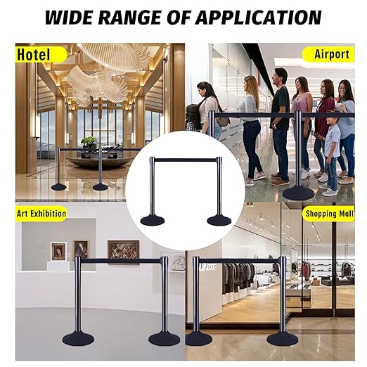 6PACK BESEA Crowd Control Stanchions Set Heavy Duty Crowd Control Barriers with 10' FEET Black Retractable Belt, Rubber Base(6PACK)