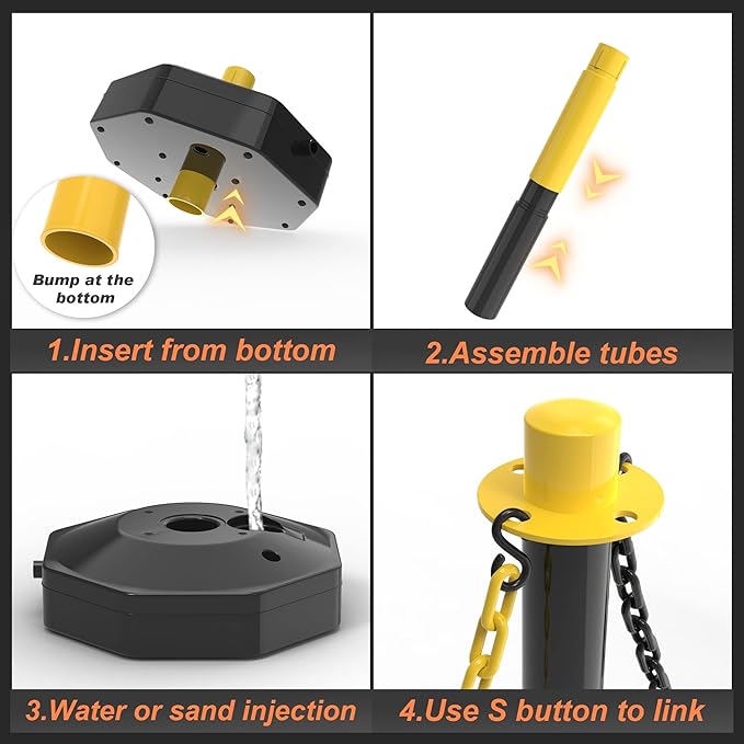 6 Pack Traffic Delineator Post Cones with Fillable Base, Adjustable Plastic Safety Barrier with 5Ft Plastic Chain, Outdoor and Indoor Crowd Control Stanchion for Traffic Control and Warning