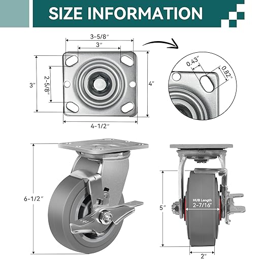 5'' × 2'' Caster Wheels, Heavy Duty Industrial Casters Set of 4 Rubber Wheels, Load 2800lbs Capacity, Swivel Caster for Cart Dolly Toolbox Trolley (4 Brake)