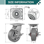 5'' × 2'' Caster Wheel, Heavy Duty Industrial Caster, Rubber Wheels with Roller Bearing, Load 700lbs per Swivel Casters for Cart Dolly Toolbox Trolley (1 Brake)
