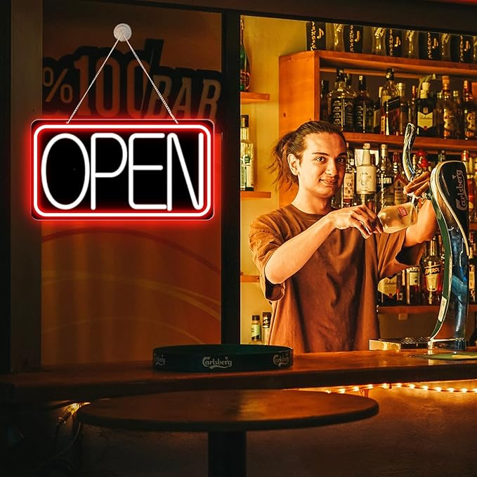Led Neon Open Signs for Business,16.5"X 9" Ultra Bright Open Signs, Powered by 12V/2A AC Adapter, 6 Levels Adjustable Bright Led Neon Open Sign for Bar Salon Coffee Stores Club Hotel (Black Backplate)