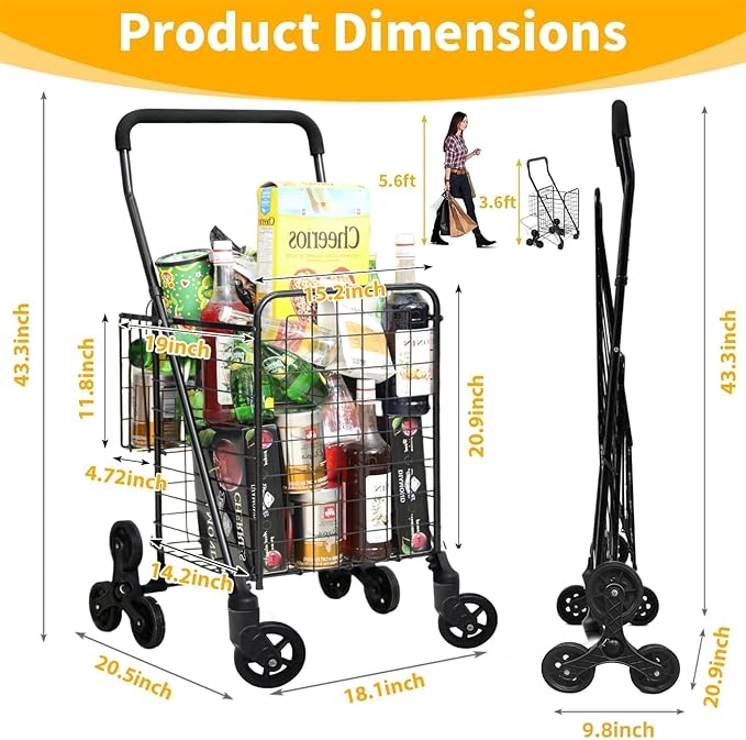 Grocery Shopping Cart with 360° Rolling Swivel Wheels Stair Climber Utility Cart Easily Collapsible Cart with Tri-Wheels, 66lb Extended Foam Cover, Trolley for Stair, Laundry, Travel (Black)