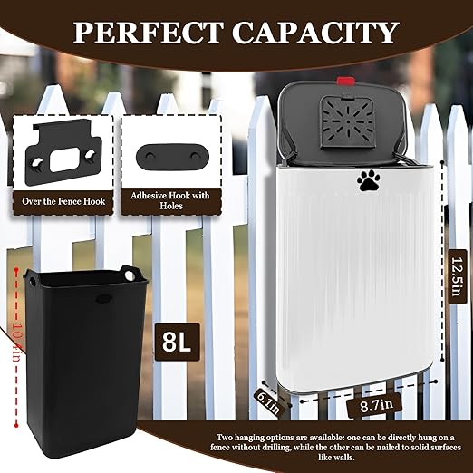 Dog Waste Trash Can Wall Mounted, 2.1Gal Small Outdoor Trash Can with Lid, Hanging on Fence, Dog Poop Bucket with 40 Bags, Inner Waste Bin, White
