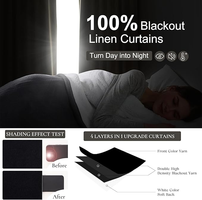 Black 100% Blackout Curtains 84 Inches Long to Keep Heat Out, Black Linen Boho Drapes for Bedroom/Living Room Darkening Back Tab/Rod Pocket/Hook Thermal Insulated (2Panels Set Burg W50 xL84)
