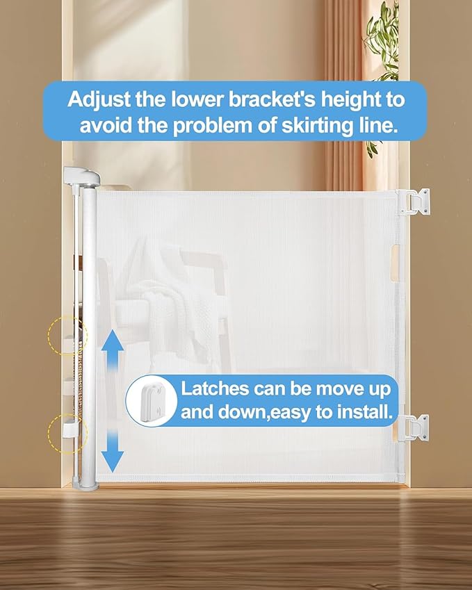 Retractable Baby Gate for Doorways and Stairs, Mesh Safety Gate for Pet, Indoor & Outdoor Use, One-Hand Operation, Easy Installation, 33.6" Tall, Expands to 55" Wide（White,33.6"x55")