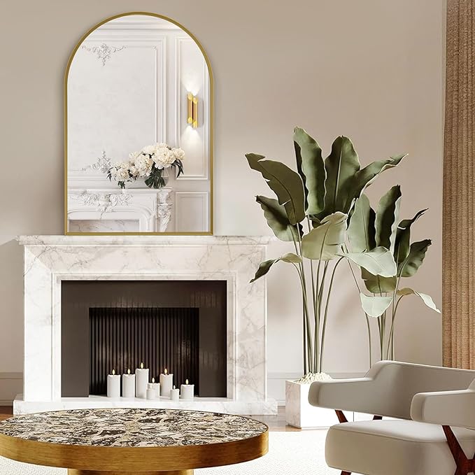 30" x 48" Gold Arched Mirror, Arch Wall Mirror, Metal Frame Black Bathroom Mirror, Arched Top Bathroom Vanity Mirror for Living Room, Bedroom, Entryway, Tempered Glass, Shatter Proof