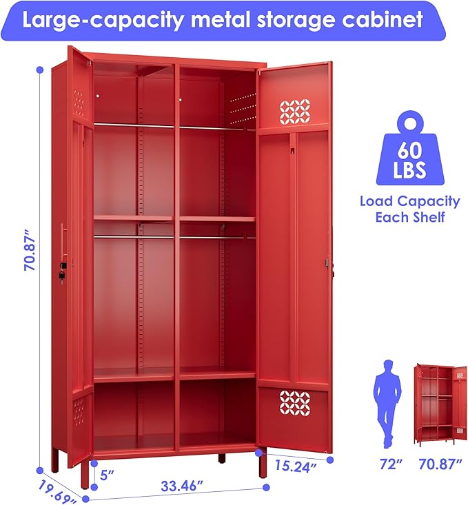 Aobabo Metal Wardrobe Cabinets with Lock, 2 Door Metal Closet wtih 4 Adjustable Shelves and 2 Hannging Rod, Lockable Locker Cabinet, Storage Locker for Home, Office,Red, Assembly Required