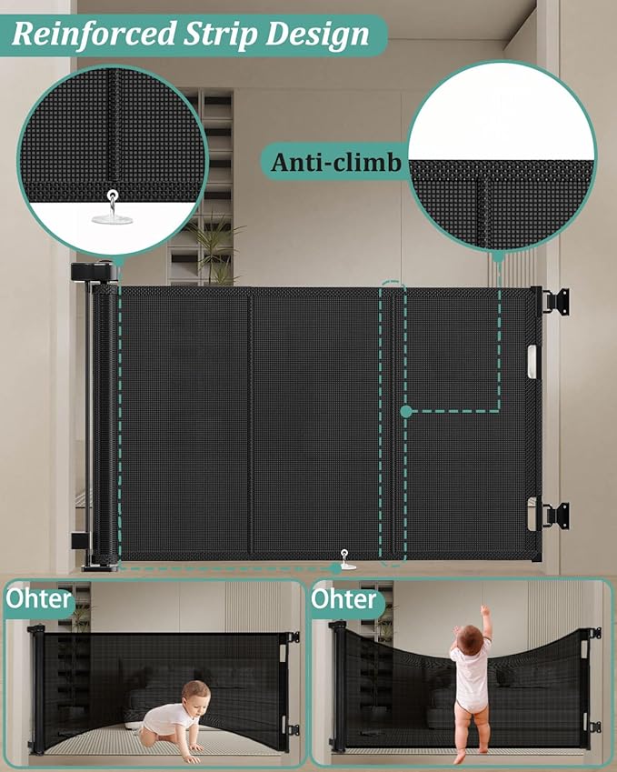 71 inch Retractable Baby Gates 34 inch Tall, Retractable Gate with Reinforced Strip Design to Prevent Crawling Through, 6 FT Retractable Dog Gate for Stairs, Doorways, Hallways, Indoor/Outdoor