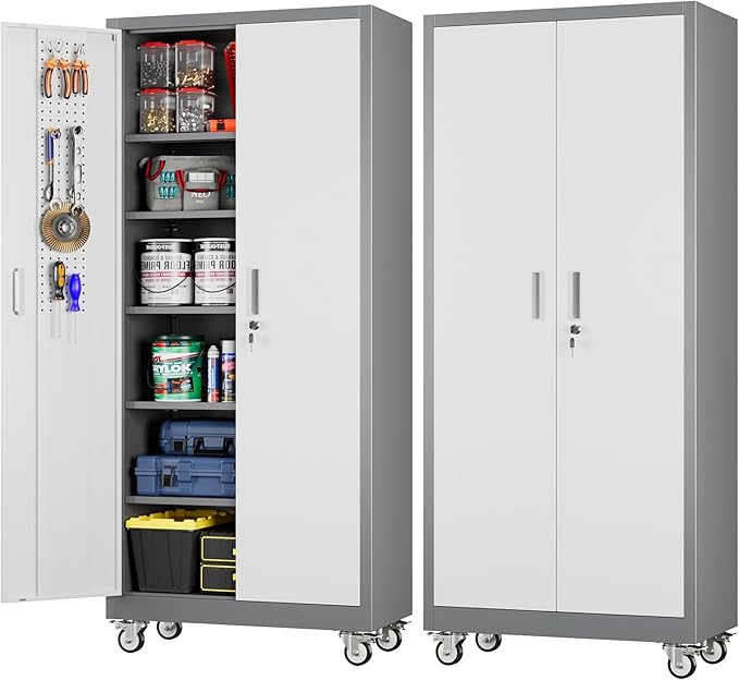Aobabo Upgrade 71H''*32''W*16''D Metal Garage Storage Cabinet with Wheels and Pegboards, 5 Adjustable Shelves Steel Storage Cabinets for Home,Warehouse,Garage,Assembly Required,Grey and White