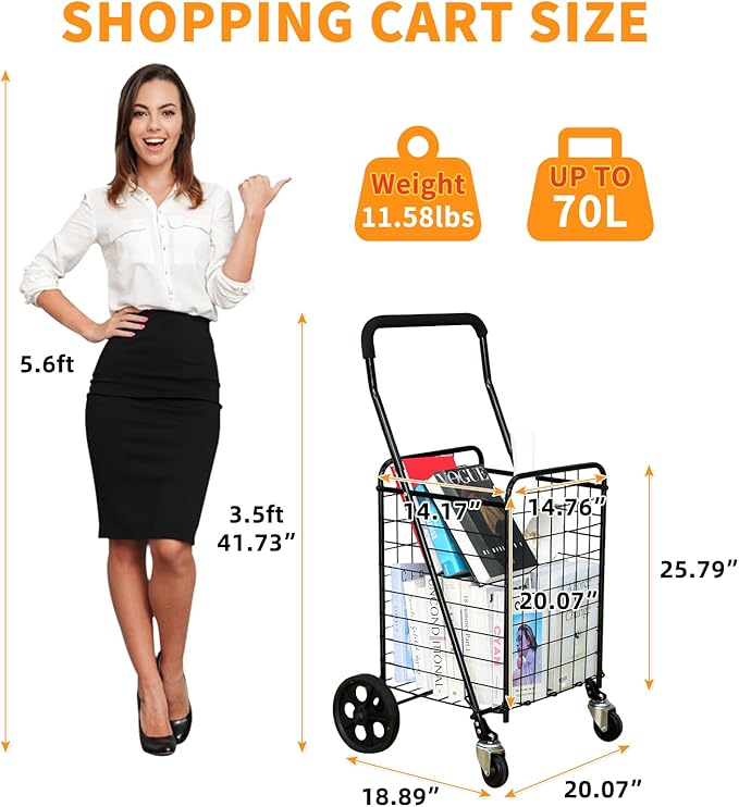 Grocery Shopping Cart with 360° Rolling Swivel Wheels Utility Cart Easily Collapsible Cart 66lb Extended Foam Cover, Trolley for Laundry,Groceries,Travel Black (Medium)