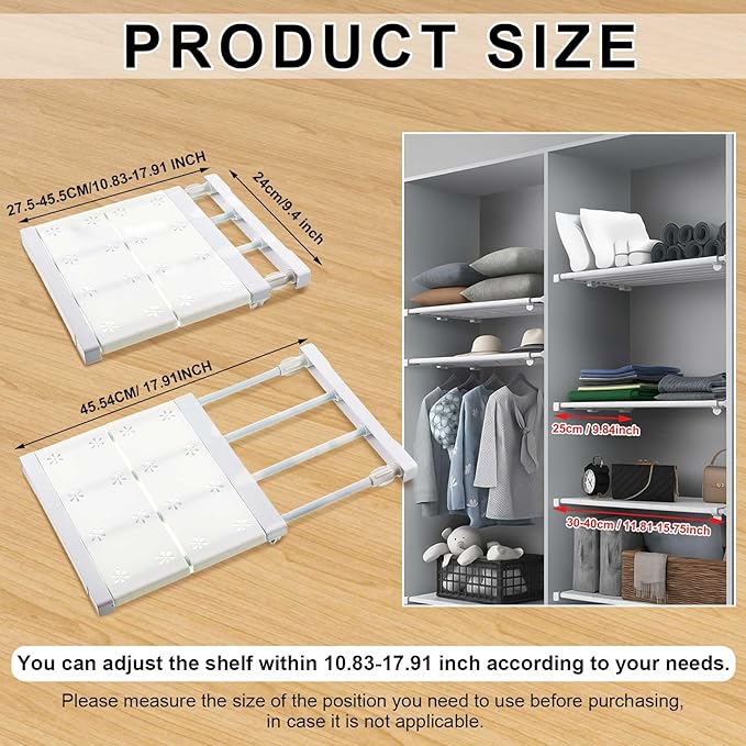 Gerrii 4 Pcs Closet Tension Shelf Rod Expandable Shelf Locker Organizer Adjustable Metal Storage Rack Scalable Layered Divider Separator for Cabinet Wardrobe Kitchen Bathroom (10.83''-17.91'')
