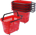 6PCS Plastic Shopping Basket with Handles & Wheels, 35L Rolling Shopping Carts, Grocery Basket with 4 Wheels and Handle, Portable Shopping Basket for Retail Stores, Supermarkets (6PCS - Red)