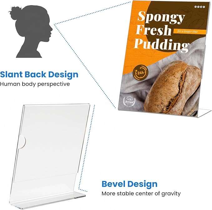 10 Pack Acrylic Sign Holder 5 x 7, L-Shape Clear Plastic Display Stand for Tabletop, Acrylic Stands for Flyers, Table Paper Holder, Vertical Sign Holder 5x7 for Restaurants, Office and School (Slant 10 Pack 5x7)